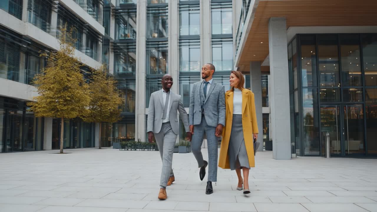En stilfuld gruppe af professionelle, der nyder en gåtur sammen i et urbant miljø, og viser selvtillid og moderne modetrends