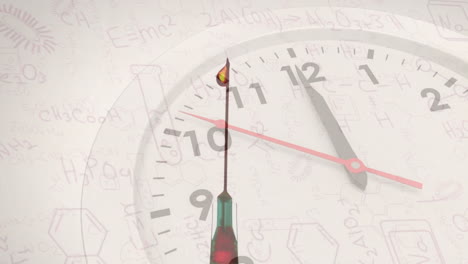 animación de la jeringa con gotita y reloj sobre diagramas de elementos y fórmulas químicas