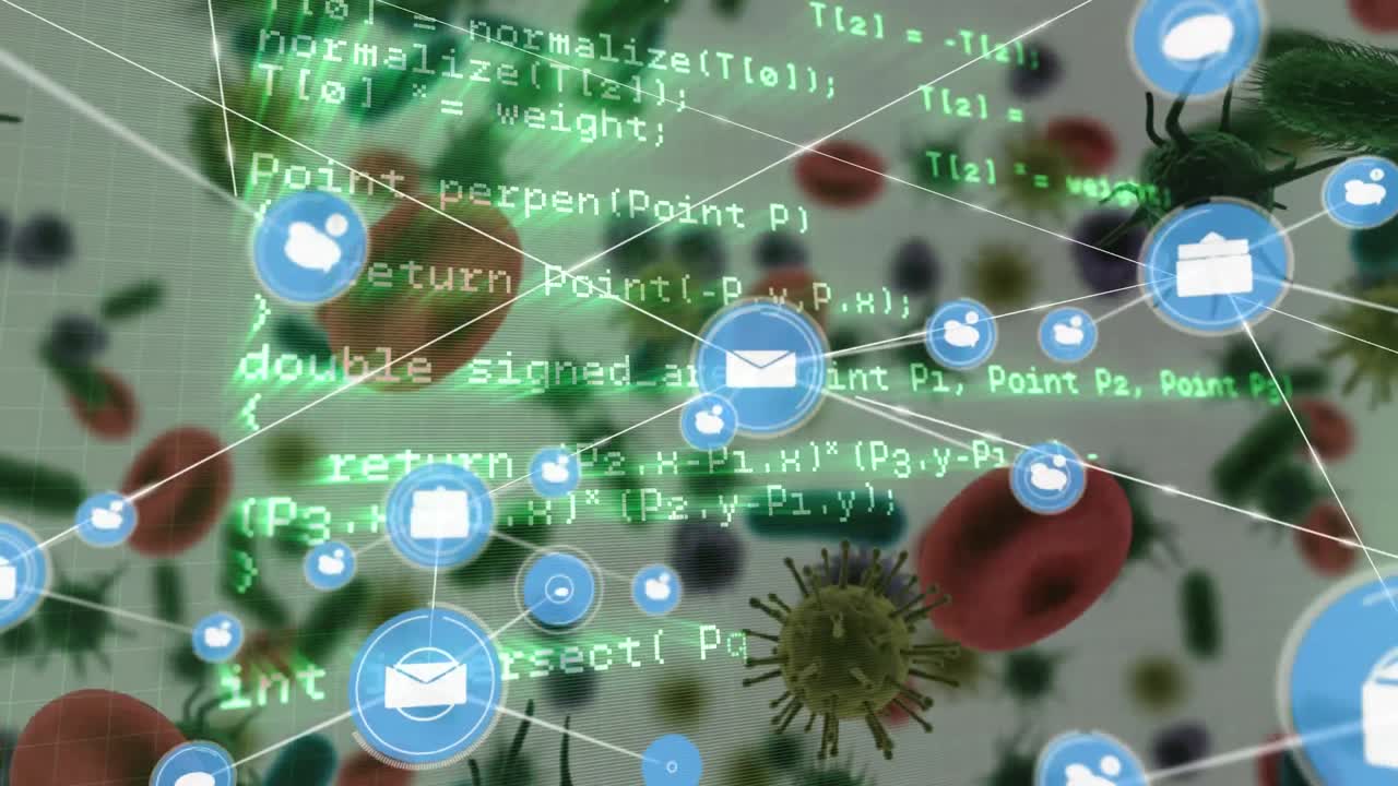 코로나19 세포와 혈관에 대한 디지털 아이콘 및 데이터 처리 네트워크