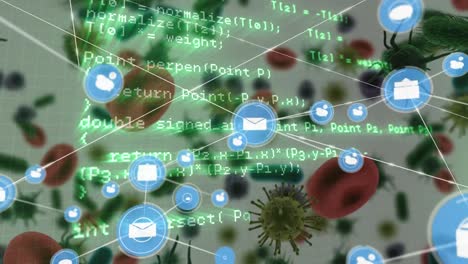 network of digital icons and data processing against covid-19 cells and blood vessels