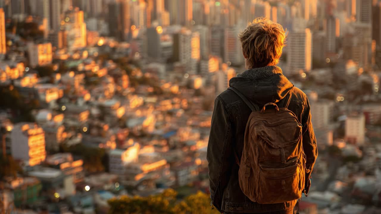 Un viaggiatore riflessivo che ammira il paesaggio urbano al tramonto, catturando la bellezza della vita urbana con una straordinaria luce dorata e texture da un punto di osservazione elevato