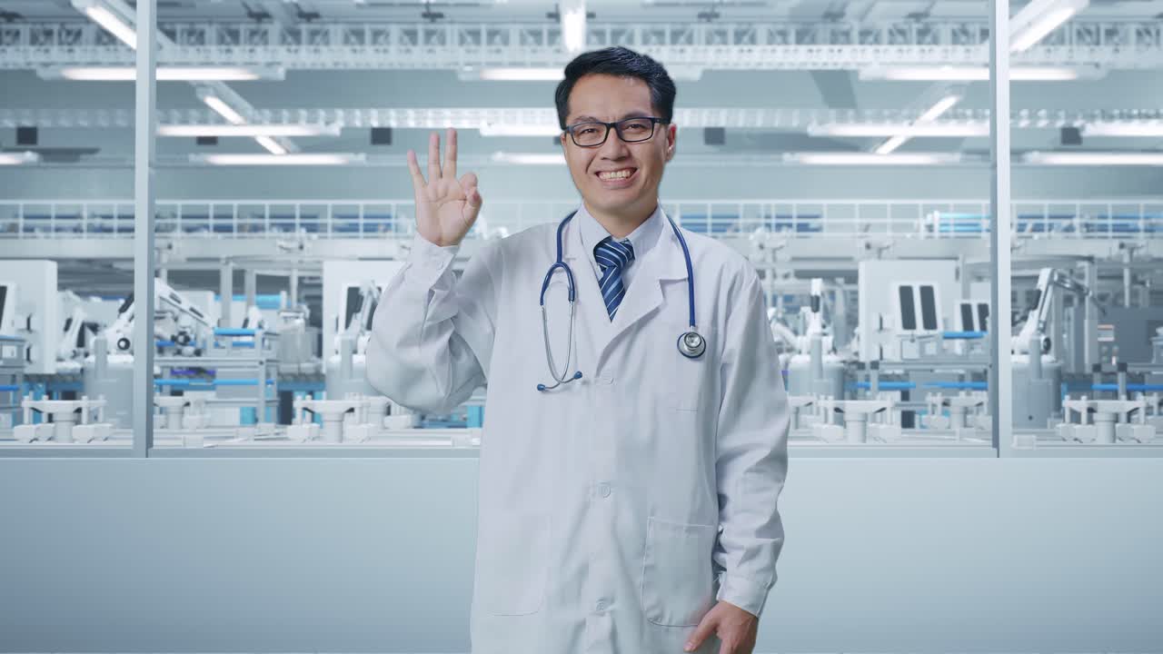 Doctor giving a positive gesture in front of a modern factory