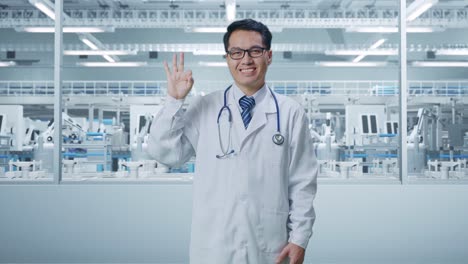doctor giving a positive gesture in front of a modern factory
