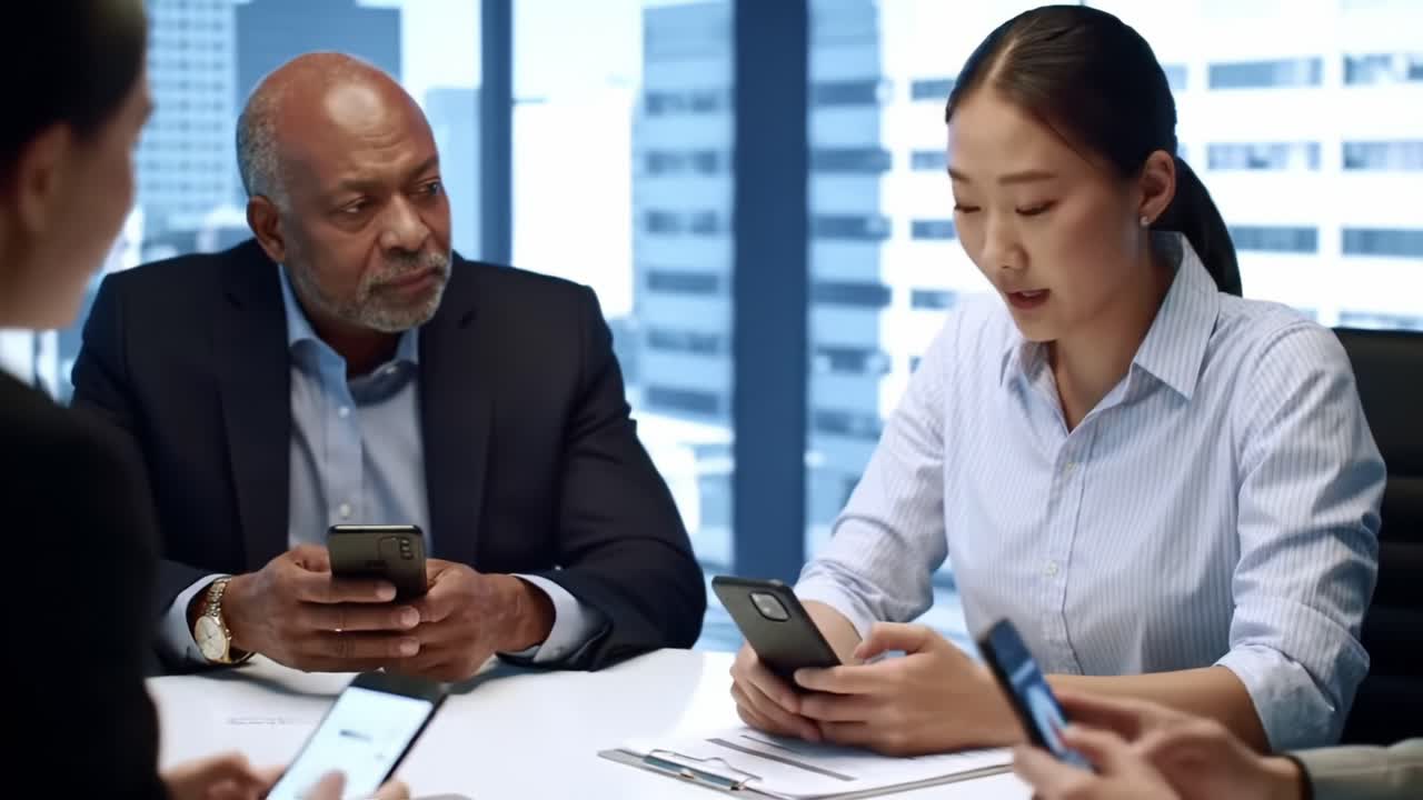 A Focused Meeting: Participants Engaged with Their Mobile Devices in a Modern Corporate Setting, Highlighting Digital Connectivity and Professional Dynamics