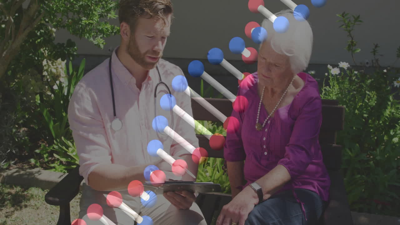 Doctor wearing stethoscope tapping tablet beside patient in garden showing health molecular overlay