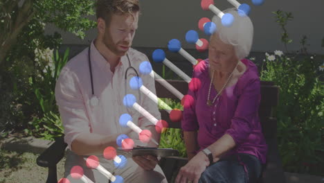 doctor wearing stethoscope tapping tablet beside patient in garden showing health molecular overlay