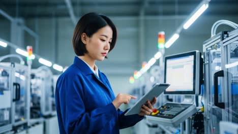 a professional woman in blue work attire engaged with a tablet in a modern manufacturing facility showcasing advanced technology and automation