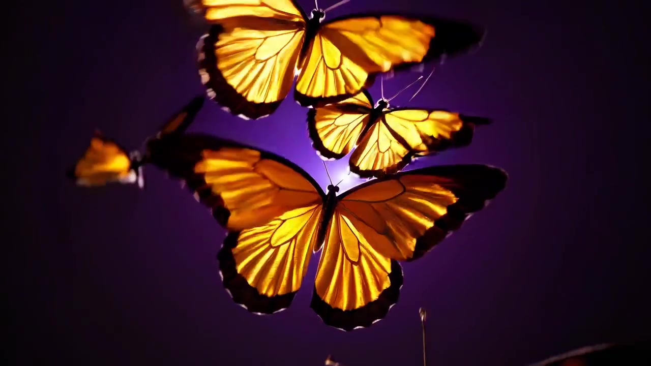 Gruppo di farfalle gialle che volano su uno sfondo viola