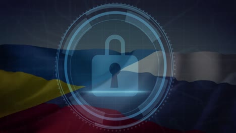 animation of padlock and data processing over flag of russia and ukraine