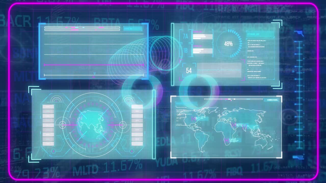 Animation of digital interface and stock market data processing against blue background
