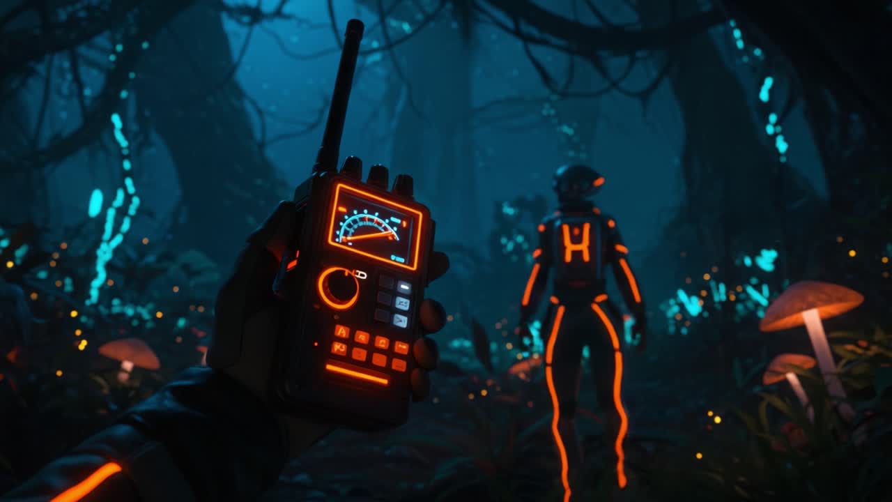 A futuristic exploration in a neon-lit bioluminescent forest, showcasing a high-tech communicator in the foreground and an enigmatic figure in an advanced suit amidst vibrant mushroom flora