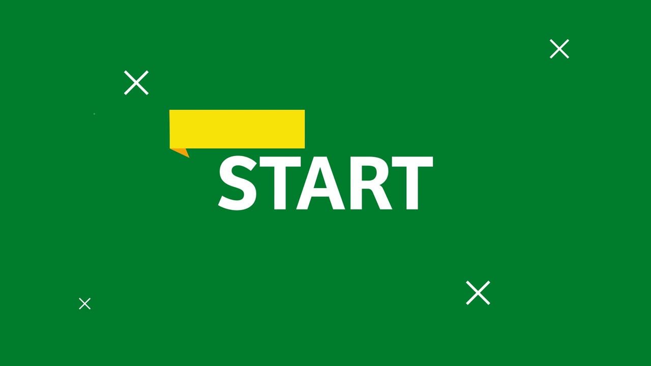 Animation of start text with yellow rectangle, white crosses over spotlights on grey background