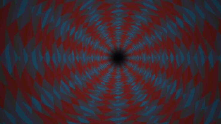 Vibrant Abstract Geometric Spiral Tunnel with Red and Blue Shapes