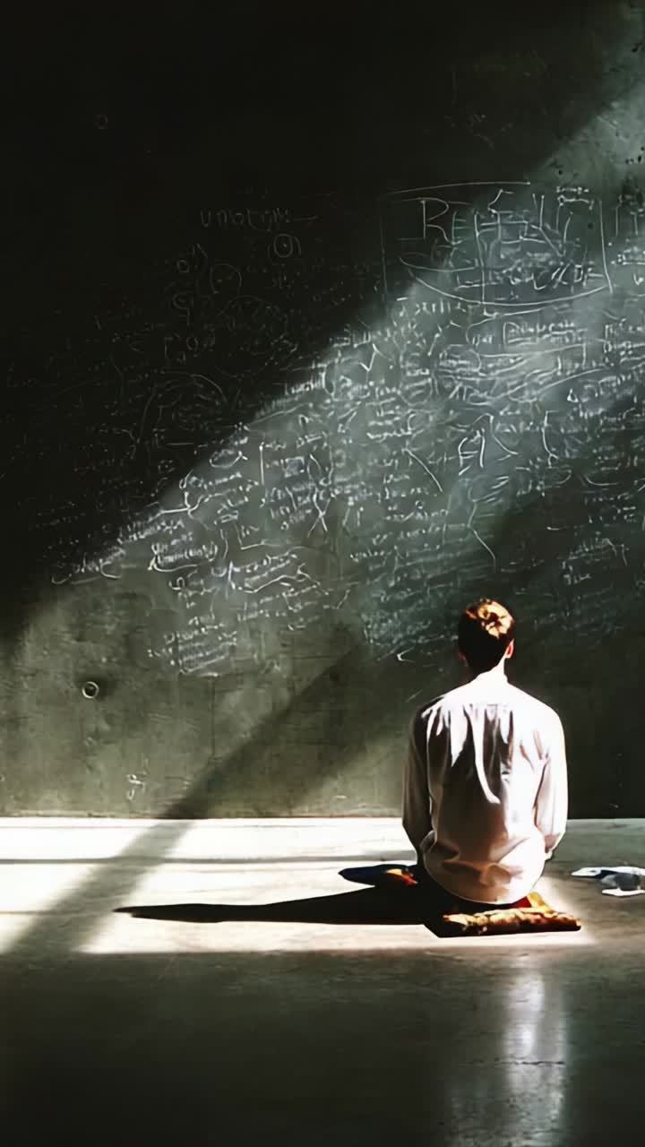A Solitary Individual Deep in Thought and Reflection Surrounded by Abstract Writings on a Wall Illuminated by Gentle Natural Light in a Simple Setting