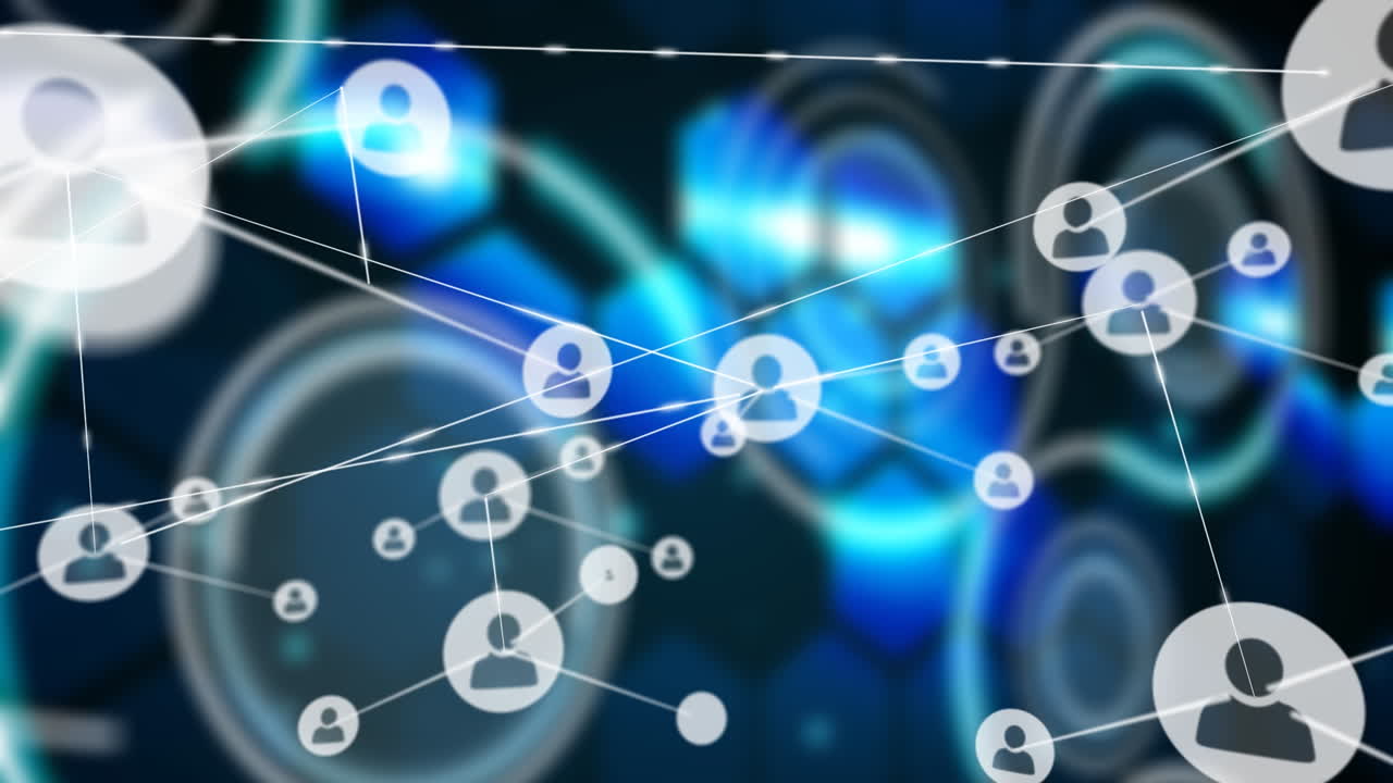 검은색 배경의 모양 위에 아이콘으로 연결된 네트워크의 애니메이션