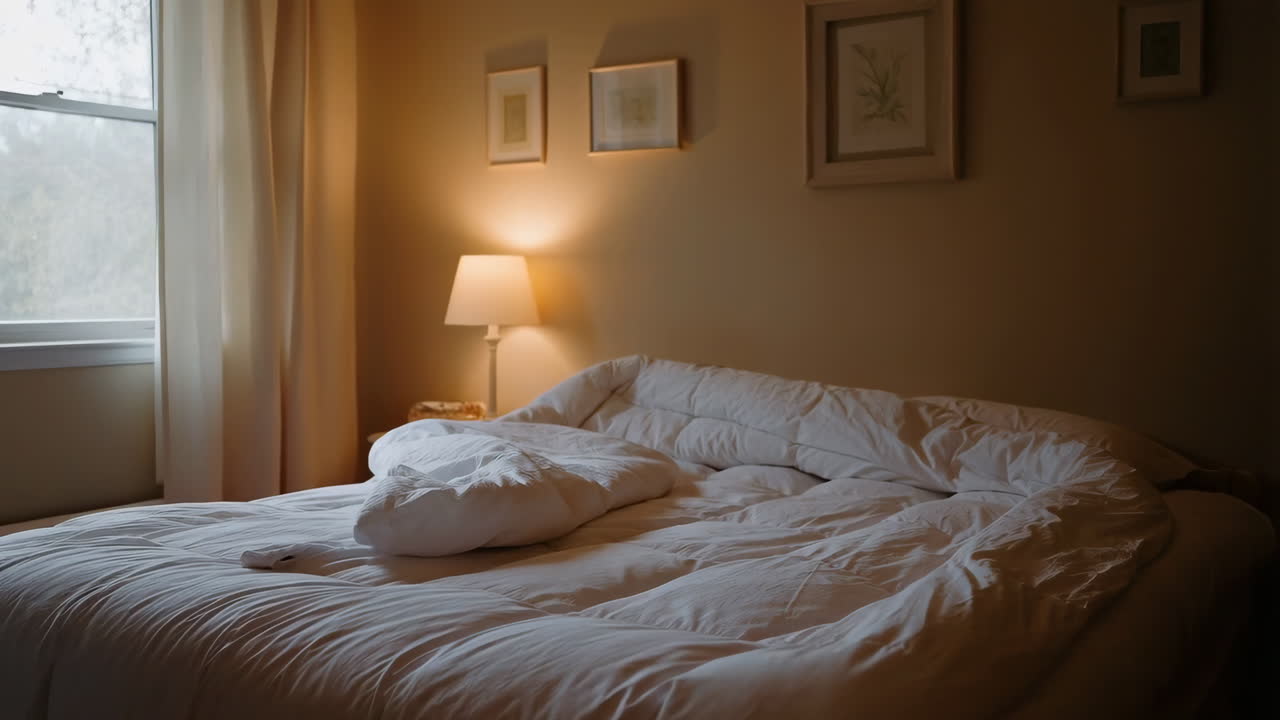 An unmade bed in a cozy bedroom with a warm lamp glow