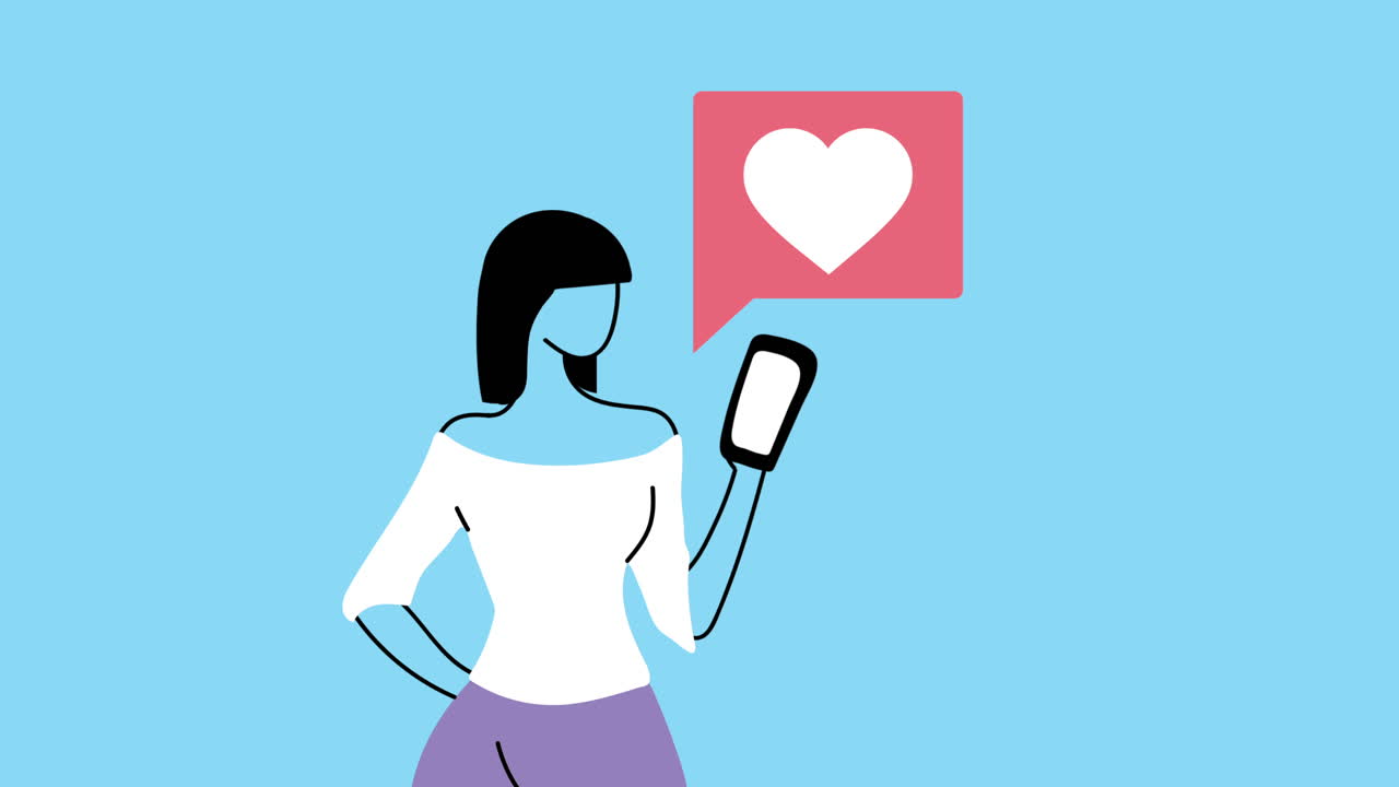 joven hermosa usando teléfono inteligente y corazón animado