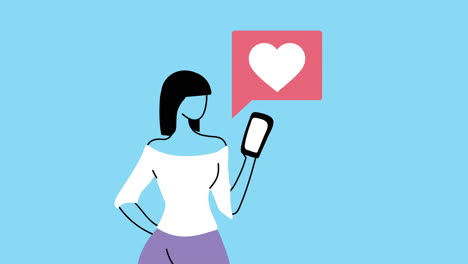 young beautiful woman using smartphone and heart animated