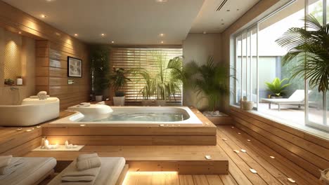 luxurious bathroom with bathtub and plants