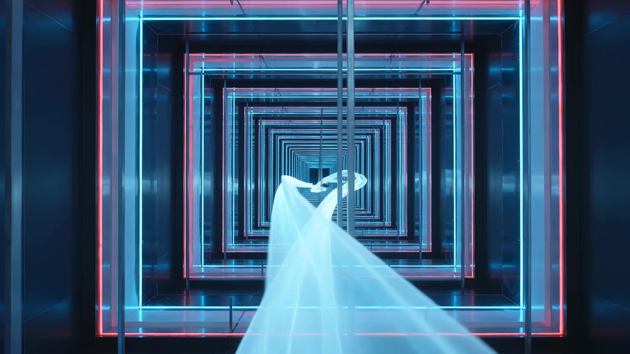 Entering frame light ribbon twisting past center pole toward vanishing point through neon frames