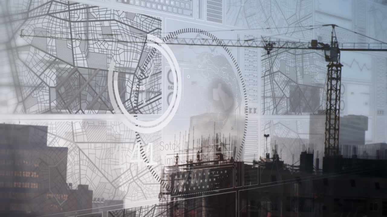 건설 현장의 공중 전망에 대해 전 세계에 대한 데이터 처리 인터페이스의 애니메이션