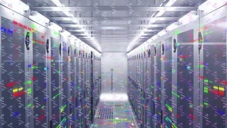 Animation-of-colorful-mosaic-squares-and-triangle-shapes-against-computer-server-room