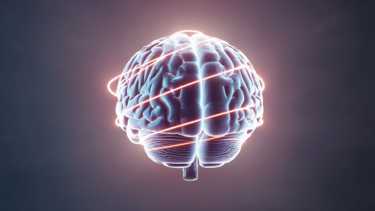 Pulsing orange light spiral initiating digital brain model rotating in virtual void, glowing orbit