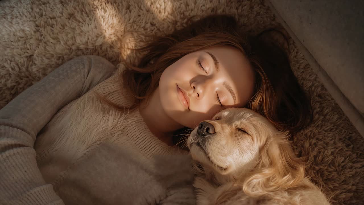 Donna distesa che indossa un maglione color crema e coccola un cane per riposare su un tappeto beige in casa, con la luce del sole che cambia