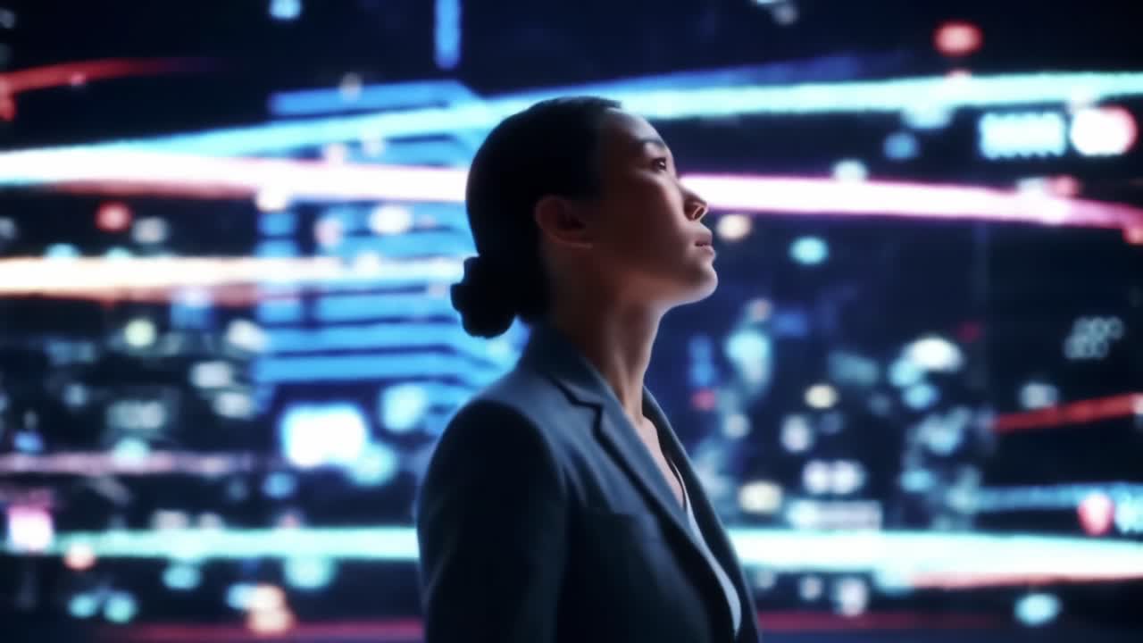A woman gazes thoughtfully at a vibrant, futuristic digital landscape filled with colorful lights and data streams, embodying a sense of curiosity and wonder in a modern city setting