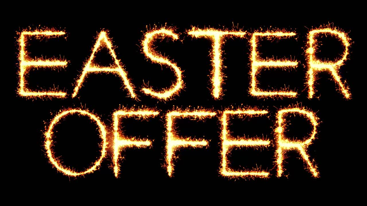Easter offer text sparkler writing with glitter sparks particles firework on black 4k loop
