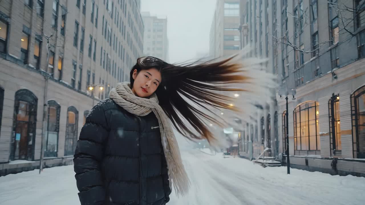 Woman in winter city street