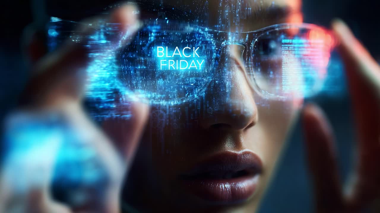 A Close-Up of a Person with High-Tech Glasses Featuring a Bright Display and Black Friday Text, Emphasizing Digital Shopping and Futuristic Experiences in Modern Retail