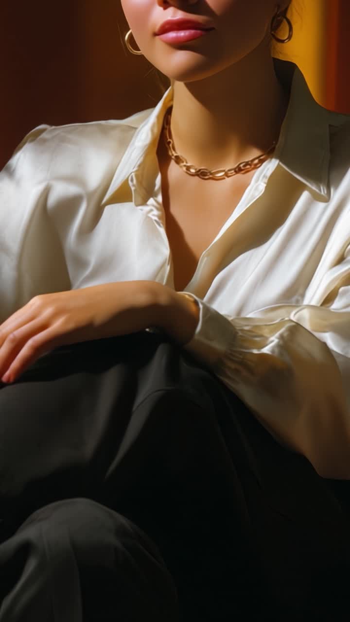 Close-up Elegante da Parte Superior do Corpo de uma Mulher, Exibindo Joias Finas e uma Blusa Estilosa, Capturado com Iluminação Suave para Destacar Traços Graciosos