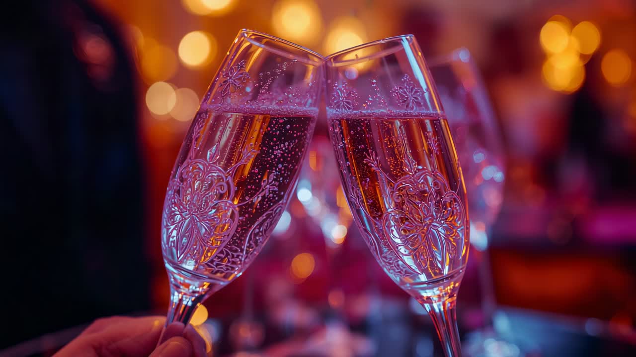 Touching etched flutes, smiling woman in dark top leaning in at lounge, toasting amid warm lights