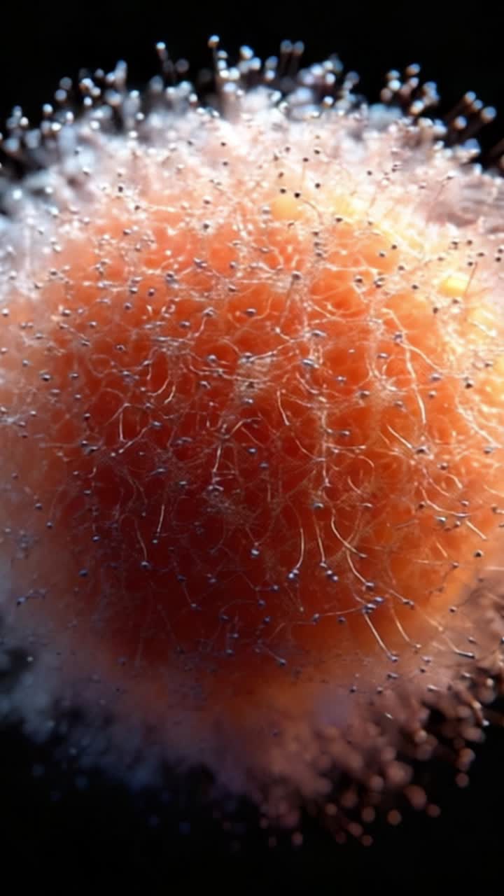 Nærbilde av en mikroskopisk celle med intrikate strukturer og filamenter observert i detalj, som avslører den komplekse biologien til levende organismer på mikronivå.