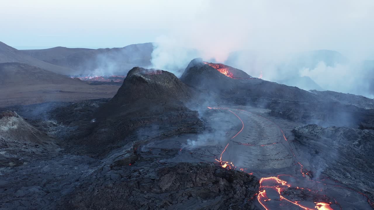 Active Fagradalsfjall volcano in Iceland with dangerous gases rising from earth