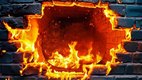 a brick wall with a hole in it that is engulfed in flames