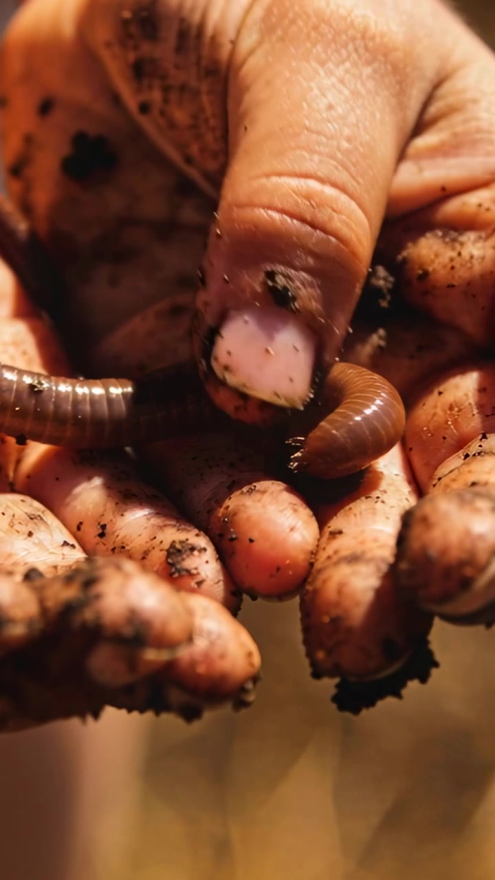 Video verticale: Trovare un lombrico scavando, mani sporche di terra che esaminano il lombrico sui palmi.