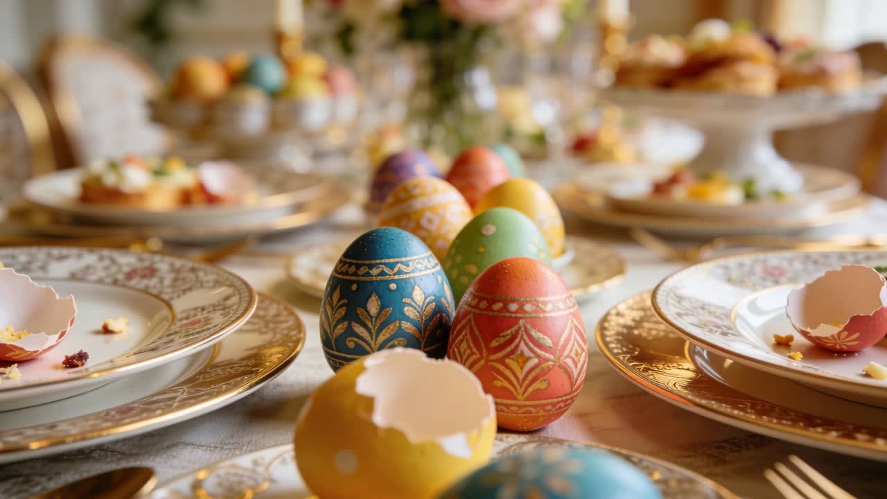 Pushing camera revealing painted eggs on dining table, shifting focus to cracked shell for party