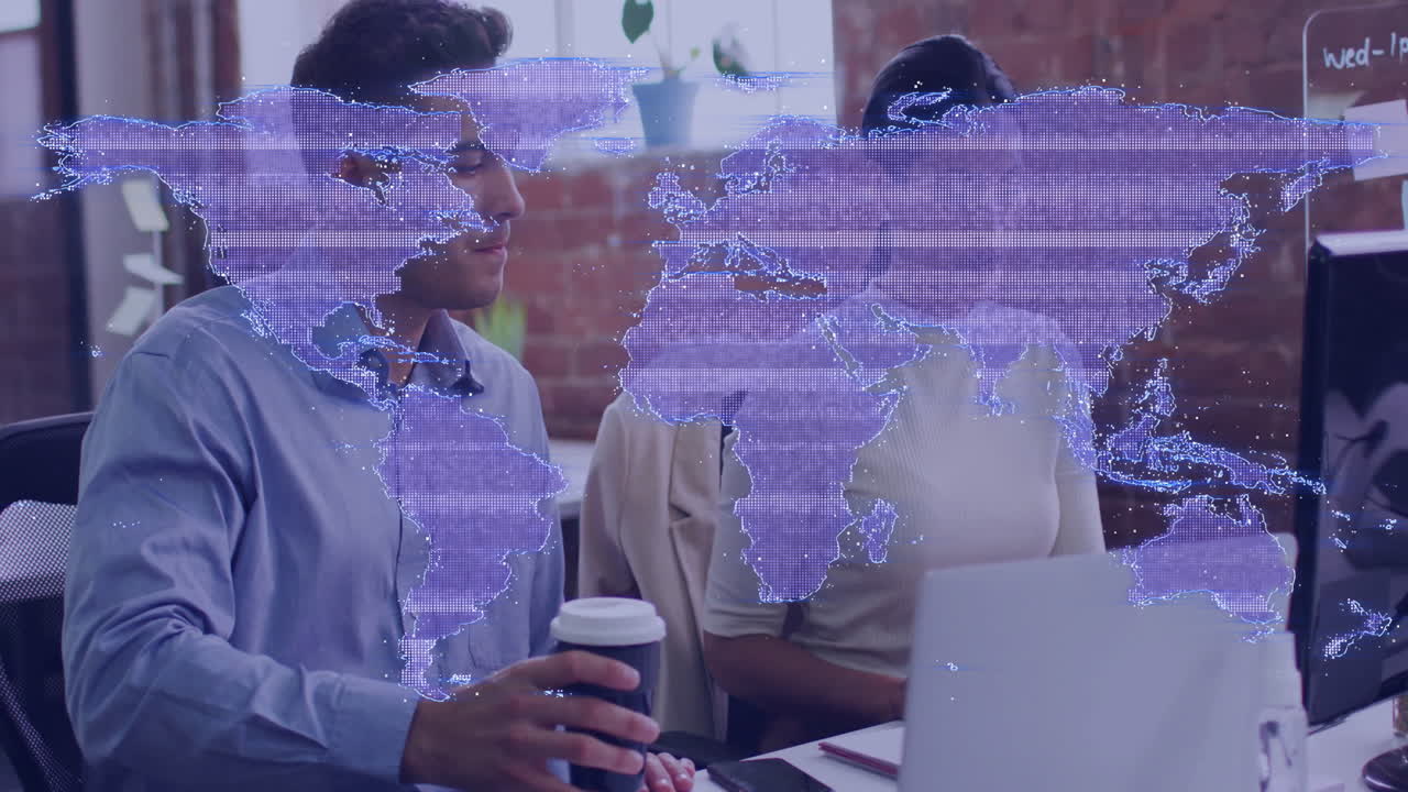 Working on laptops, business professionals with animation of digital world map