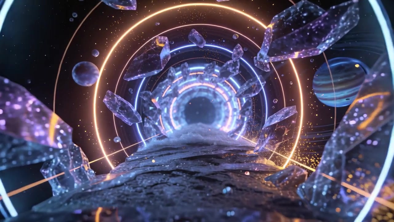 Moving rocky path, ring tunnel pulsing lights in space, pulling camera into neon rings with shards