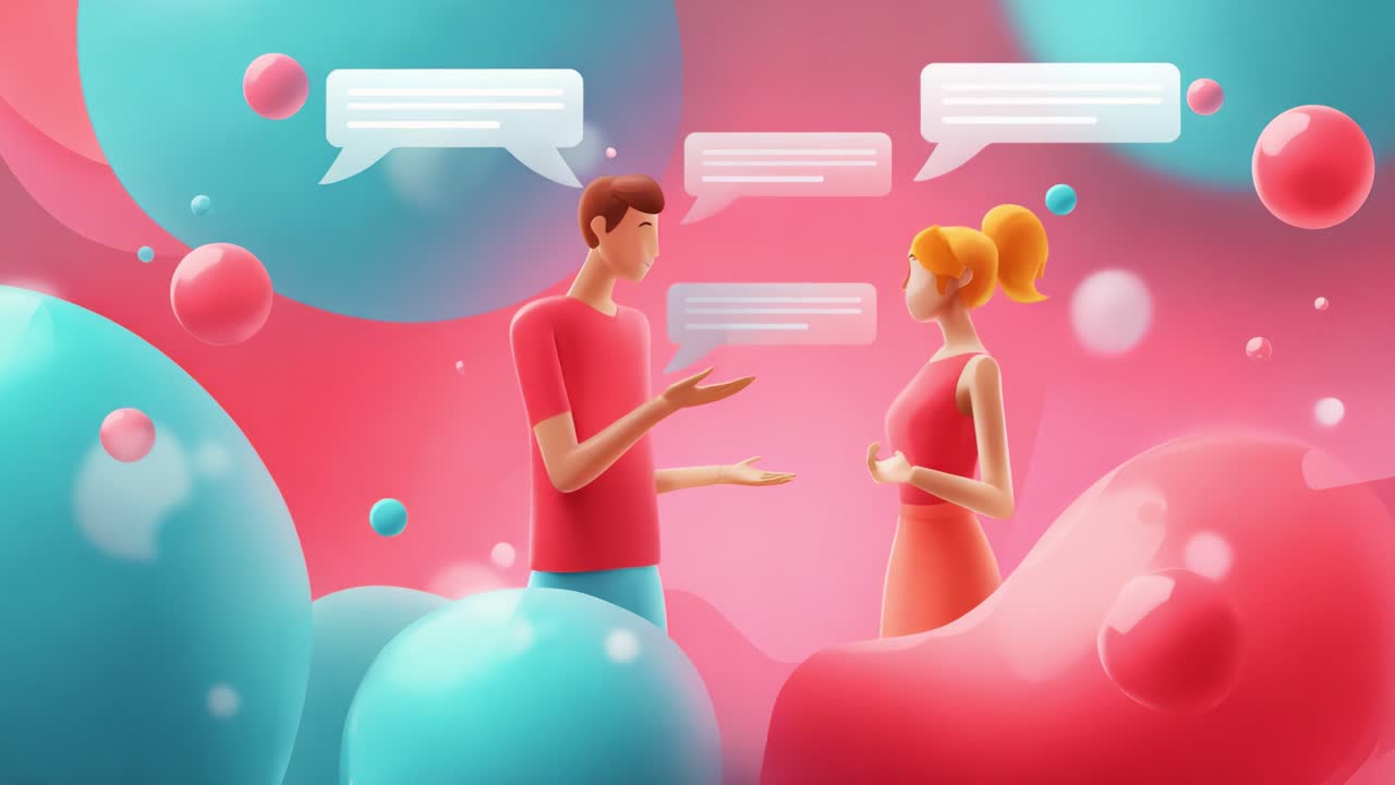 Engaging Conversation Between Two Characters Set Against a Vibrant, Colorful Background of Bubbles and Speech Bubbles, Enhancing the Sense of Communication and Connection