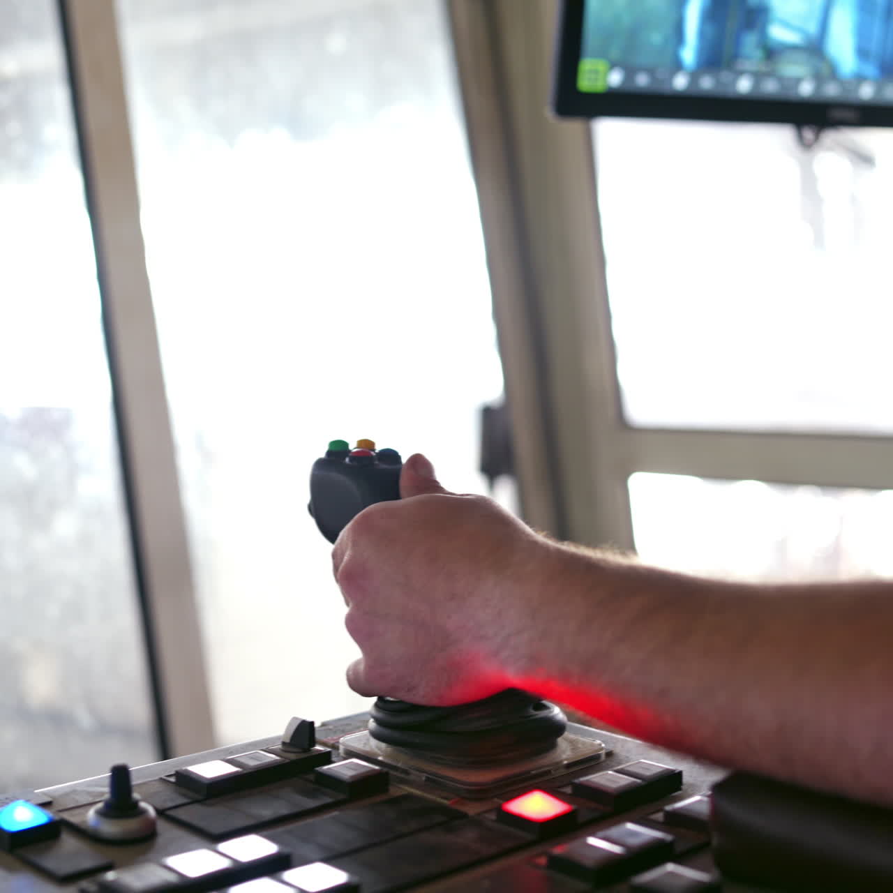 Worker at a modernized industrial factory. Man manages the robotic technologies while sitting in a room and looking at monitor.