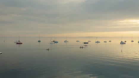 aerial, people row kayaks past moored boats on calm lake in early morning