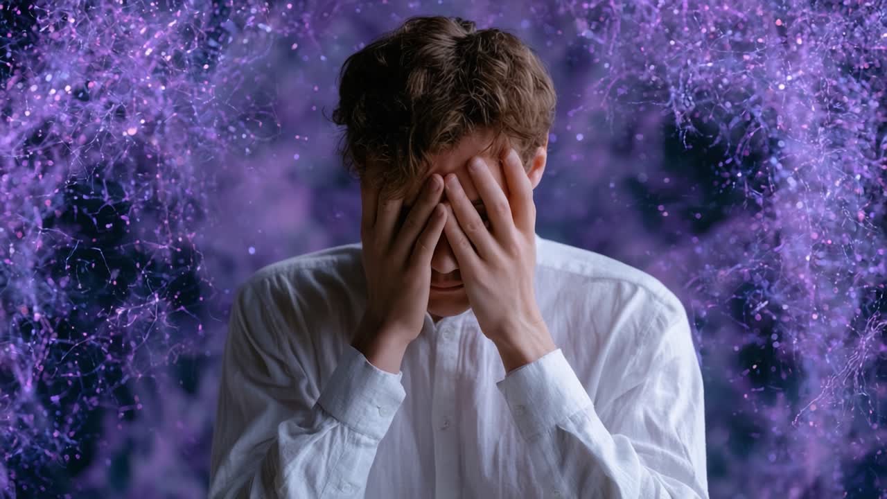 Un individuo contemplativo esprime profonde emozioni mentre si copre il viso con le mani, circondato da uno sfondo astratto vibrante di vorticose sfumature viola.