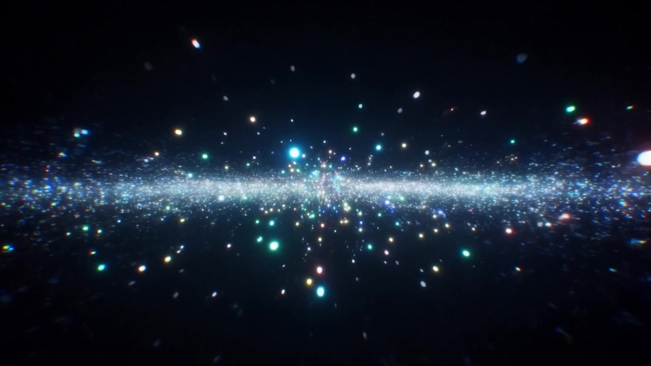 Telecamera in movimento che mostra un piano orizzontale di particelle luminose che si immerge nel vuoto oscuro, con punti colorati.