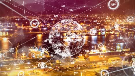 animation of globe and data processing over cityscape