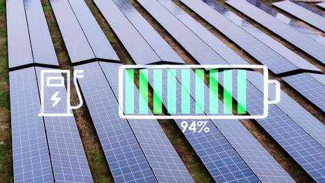 animated battery fills up over solar farm background, clean energy flow, drone