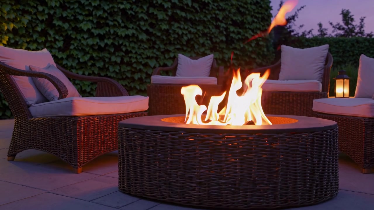 Warm Fire Pit Flames on a Modern Outdoor Patio at Night