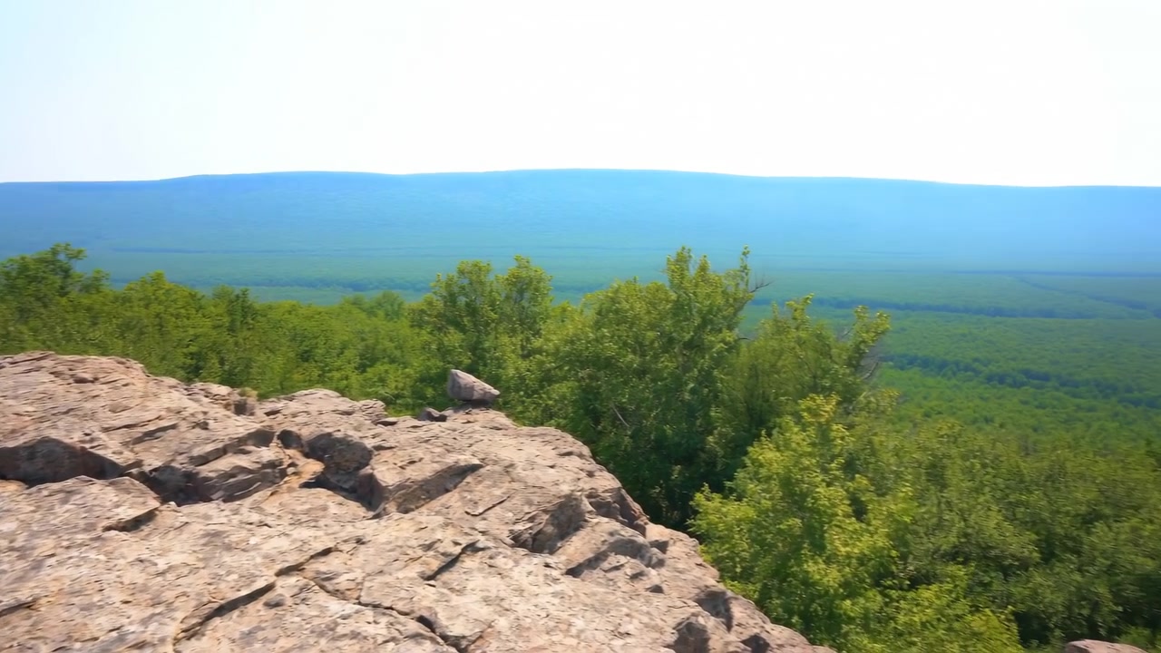 Vista panoramica dall'alto di un affioramento roccioso eroso e piccoli massi in primo piano, che si affaccia su una fitta chioma di foresta decidua e una cresta montuosa blu